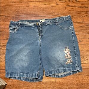Woman Within Blue Jean Shorts with Floral Embroidery